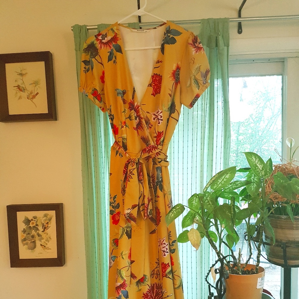 Flamboyant mustard yellow floral wrap dress